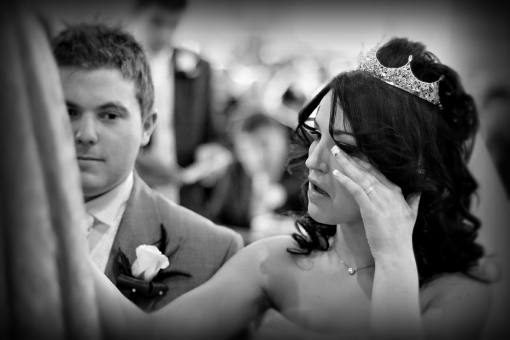 Emotional bride at wedding in Caerphilly