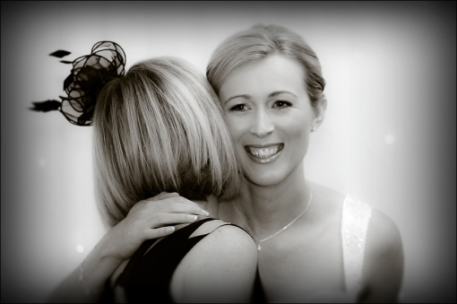 Bride hugging her mum at the Coed y Mwstwr